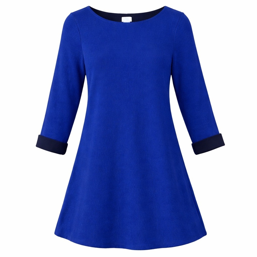 Modern Minimalist Tunic - Blue Boat Neck A-Line Top - S